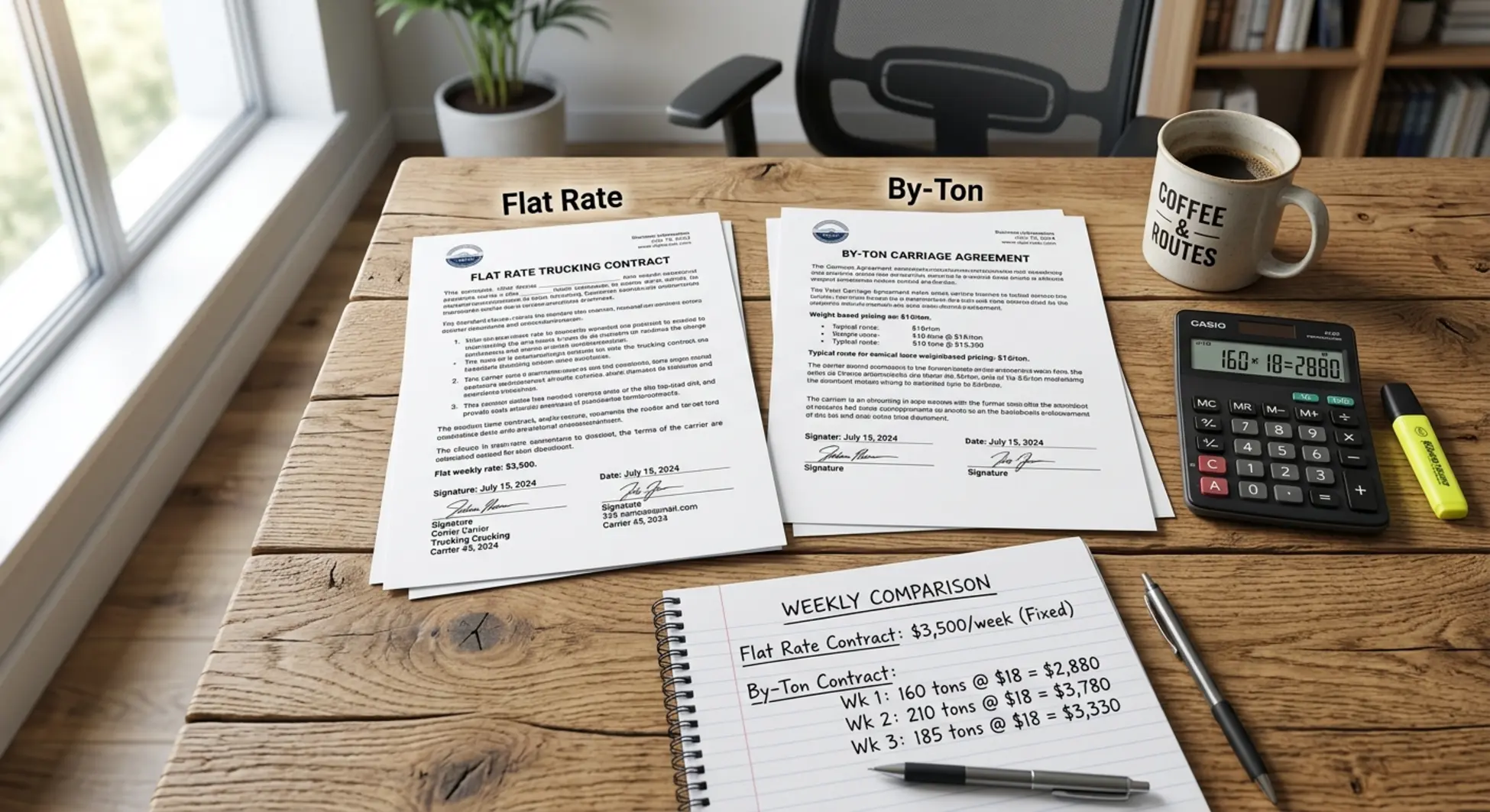 Flat rate vs by-ton frac sand hauling rate contracts compared with calculator