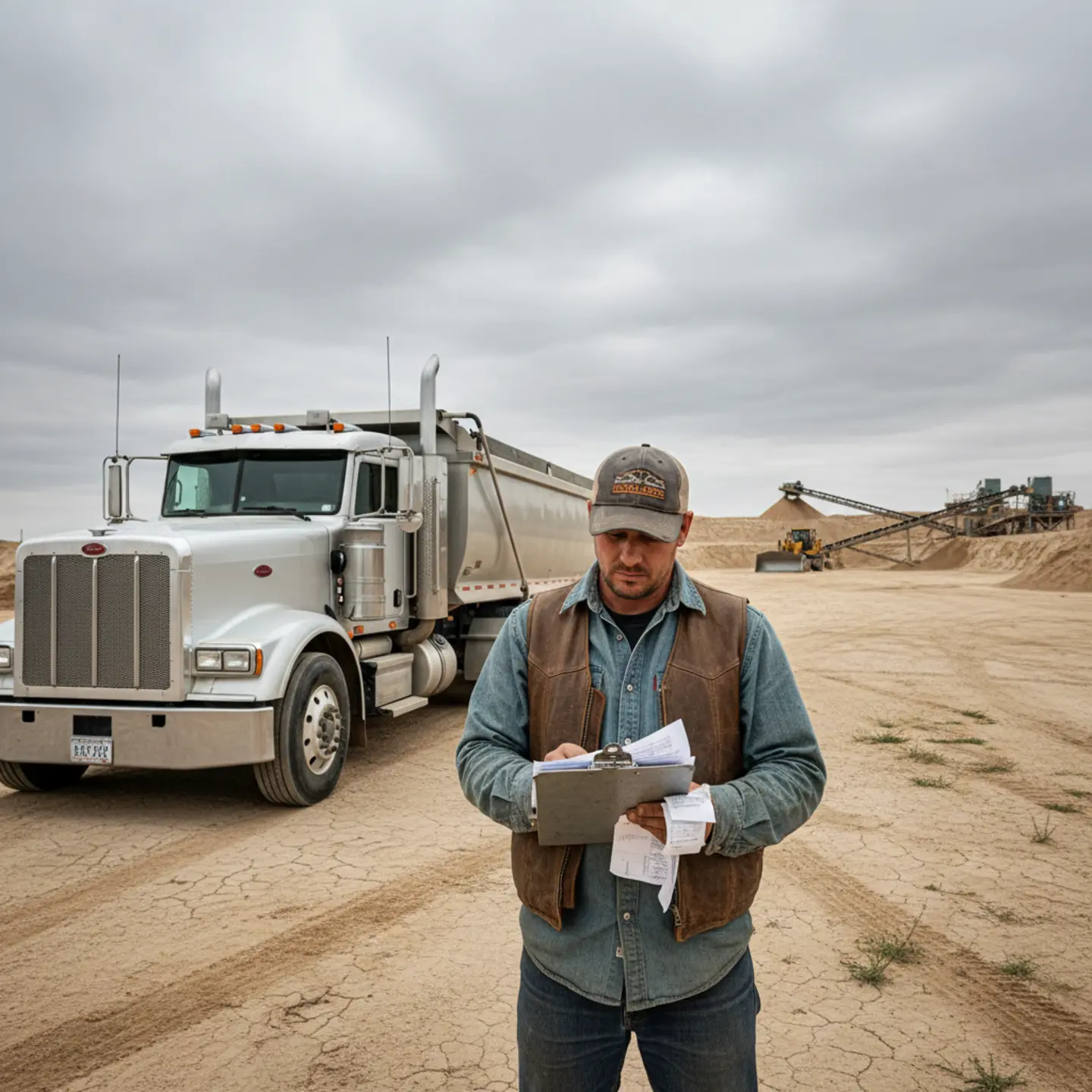 Owner-operator reviewing load documents and fuel costs at Permian Basin sand mine