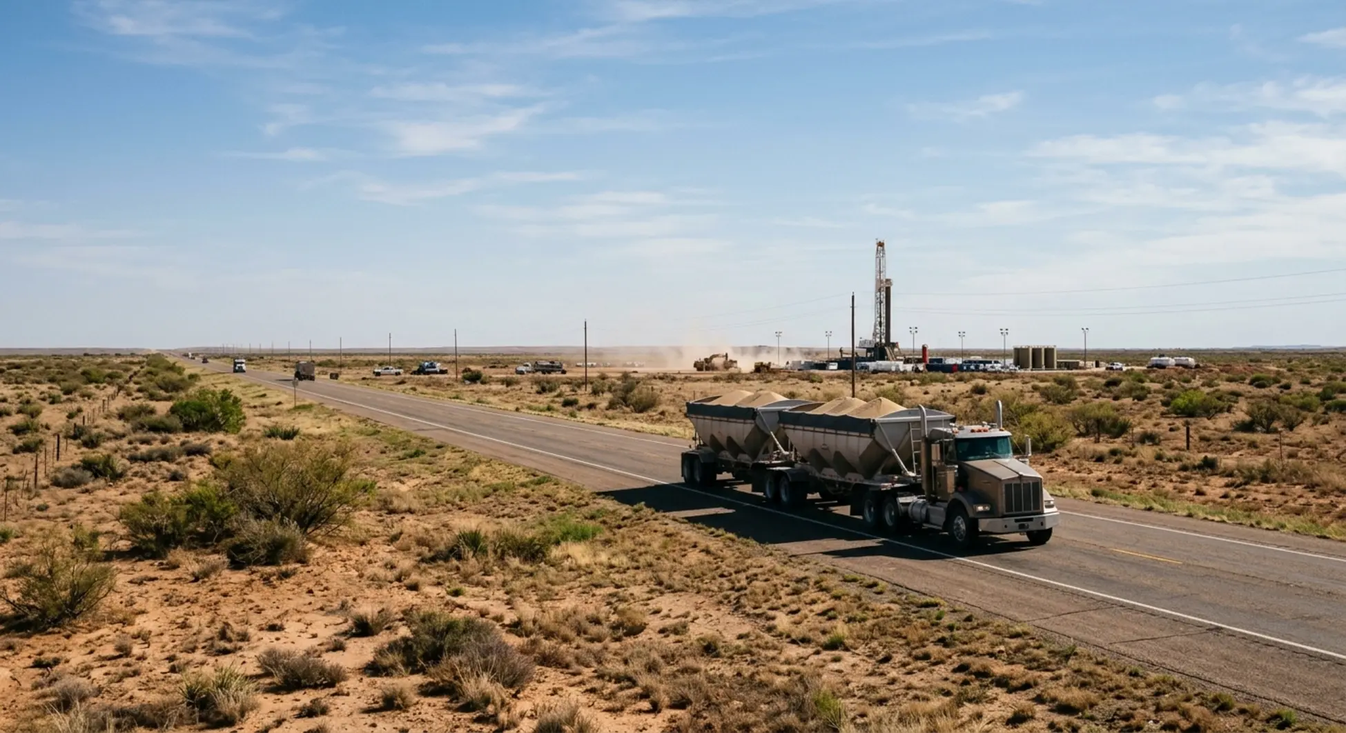 Loaded frac sand truck hauling on West Texas highway toward drilling site
