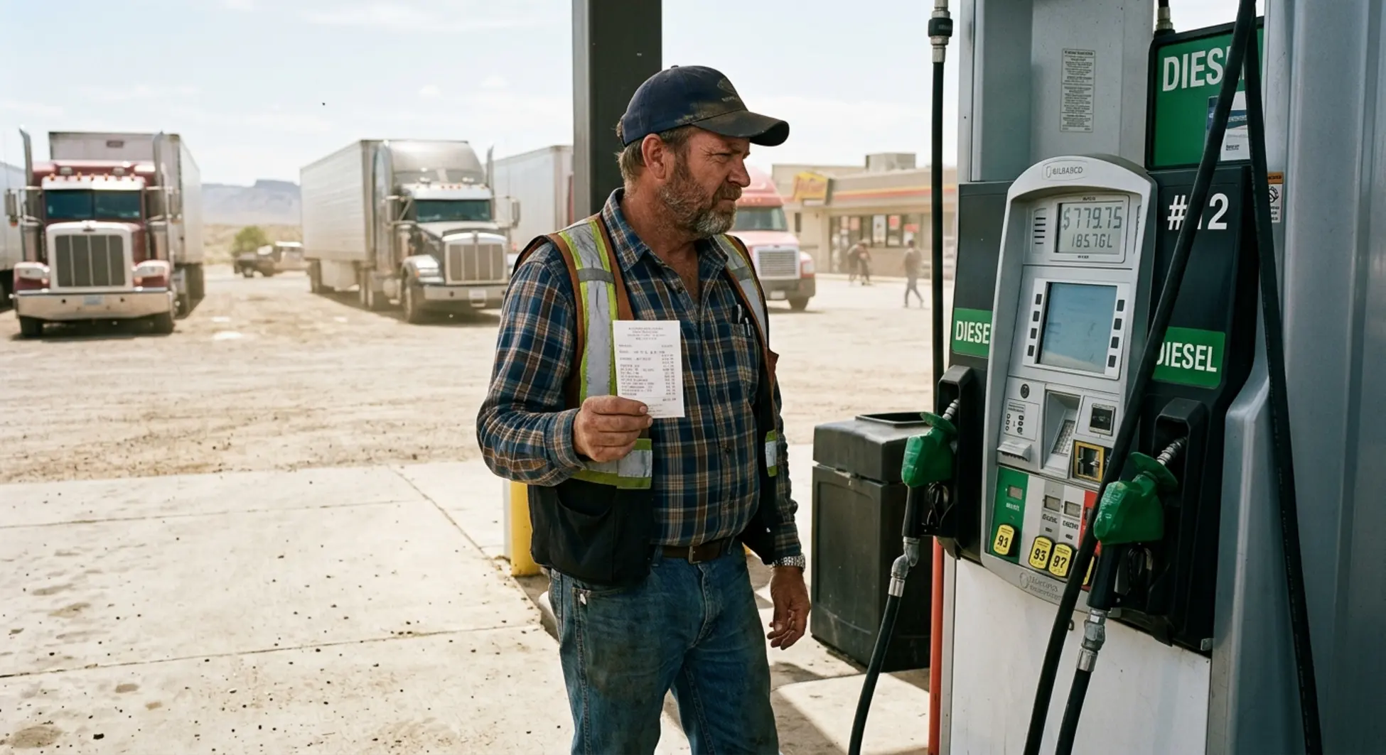 Owner-operator reviewing fuel receipt at pump showing retail minus vs cost plus pricing details