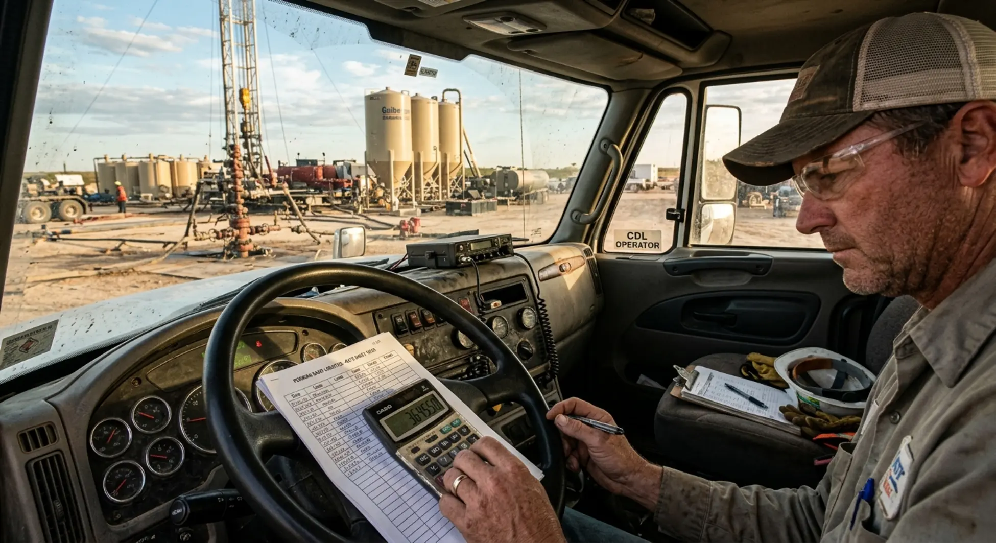 Owner-operator reviewing frac sand hauling rate structures in truck cab at Permian Basin site