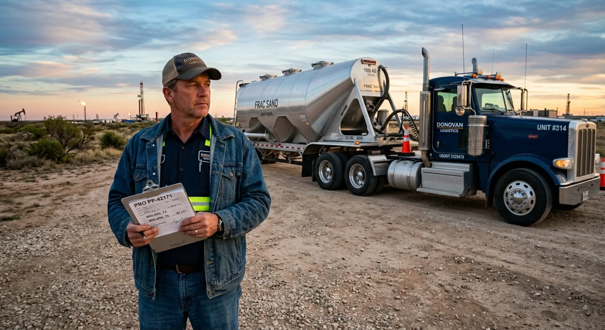 Owner-operator reviewing frac sand hauling contract beside loaded tanker truck in Permian Basin