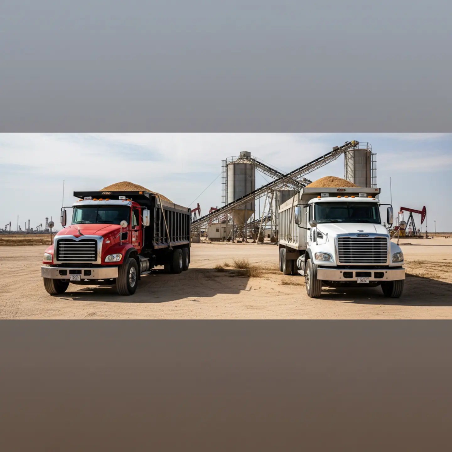 Mack Granite and Freightliner 122SD loaded with frac sand at Permian Basin loading facility