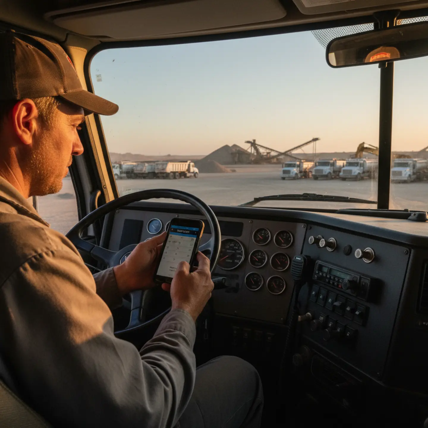 Sand hauling truck driver reviewing contract rate quote on phone in cab at Permian Basin site