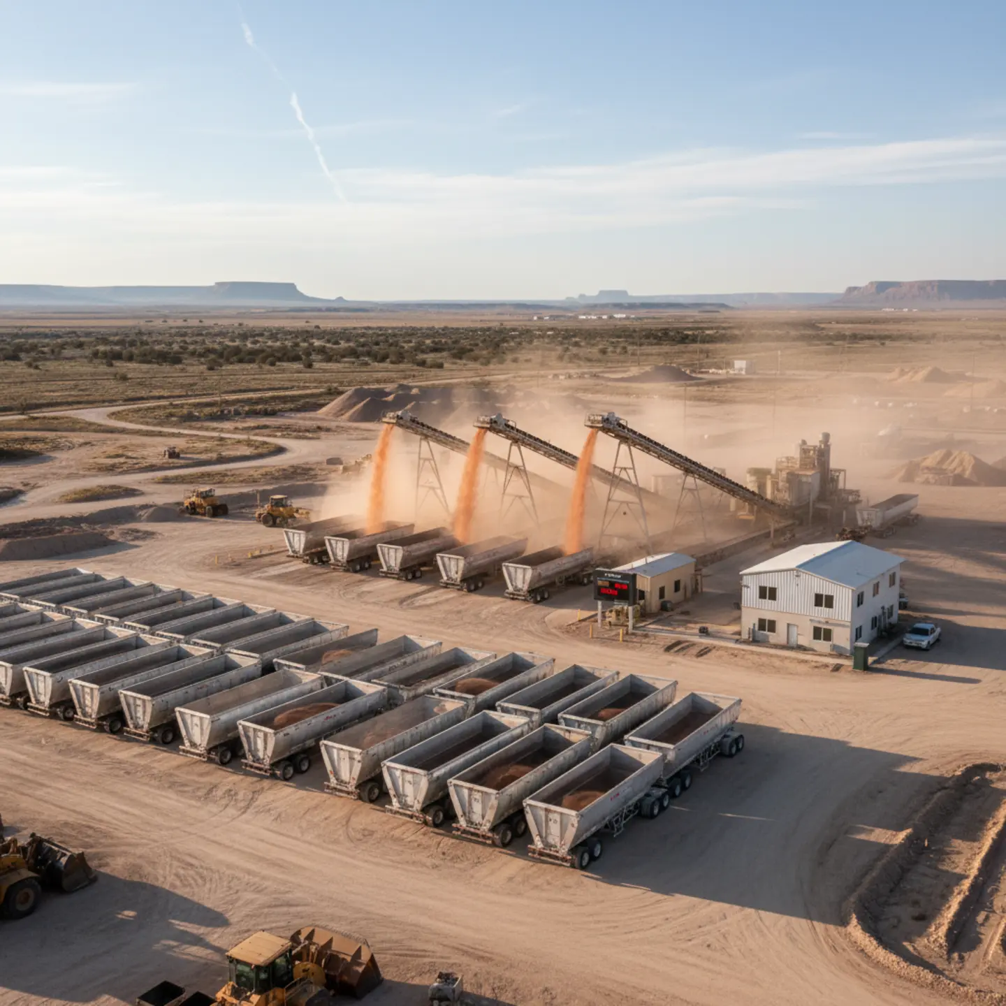 Frac sand trailers loading at West Texas mining facility with conveyor systems