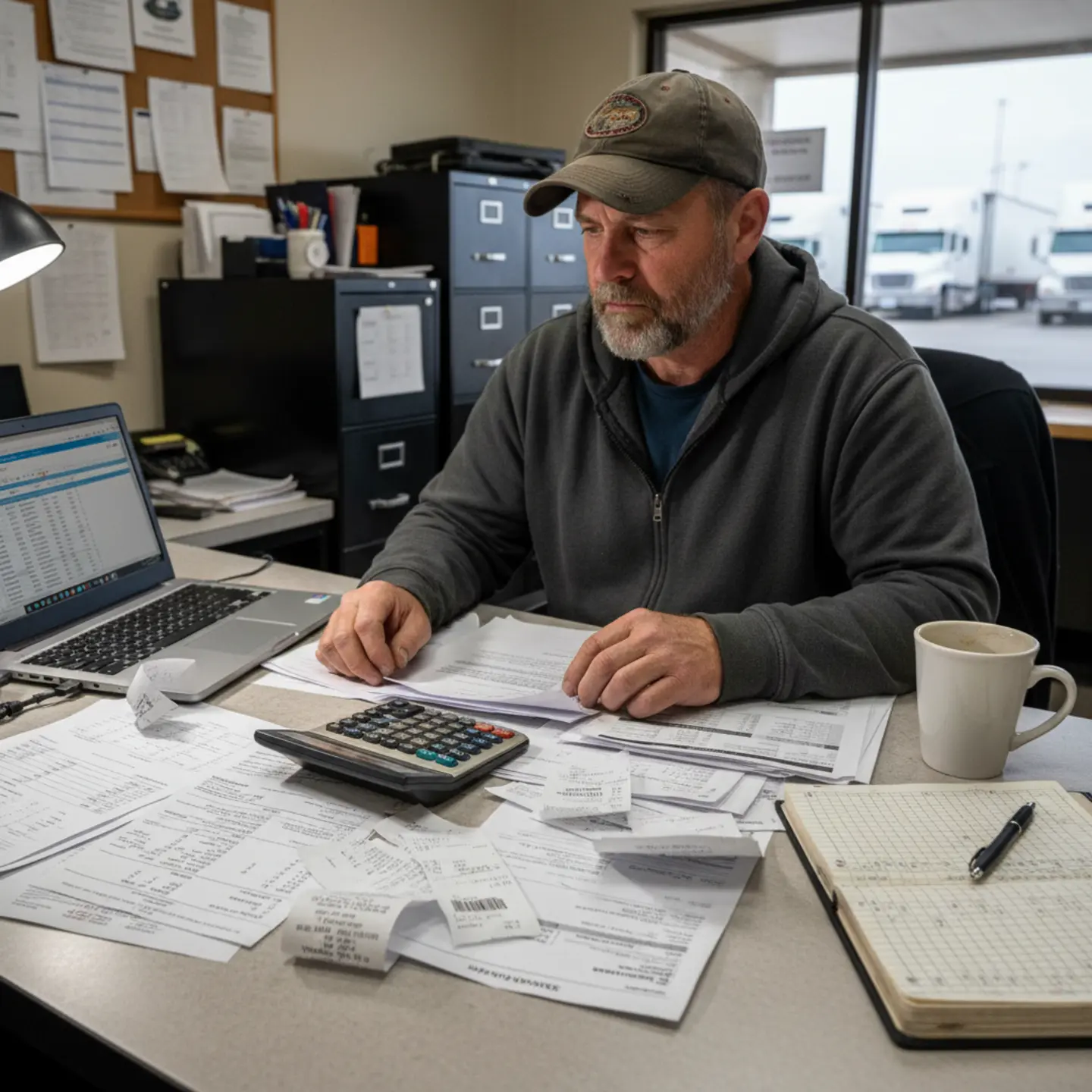 Owner-operator reviewing fuel receipts and maintenance invoices at truck stop desk