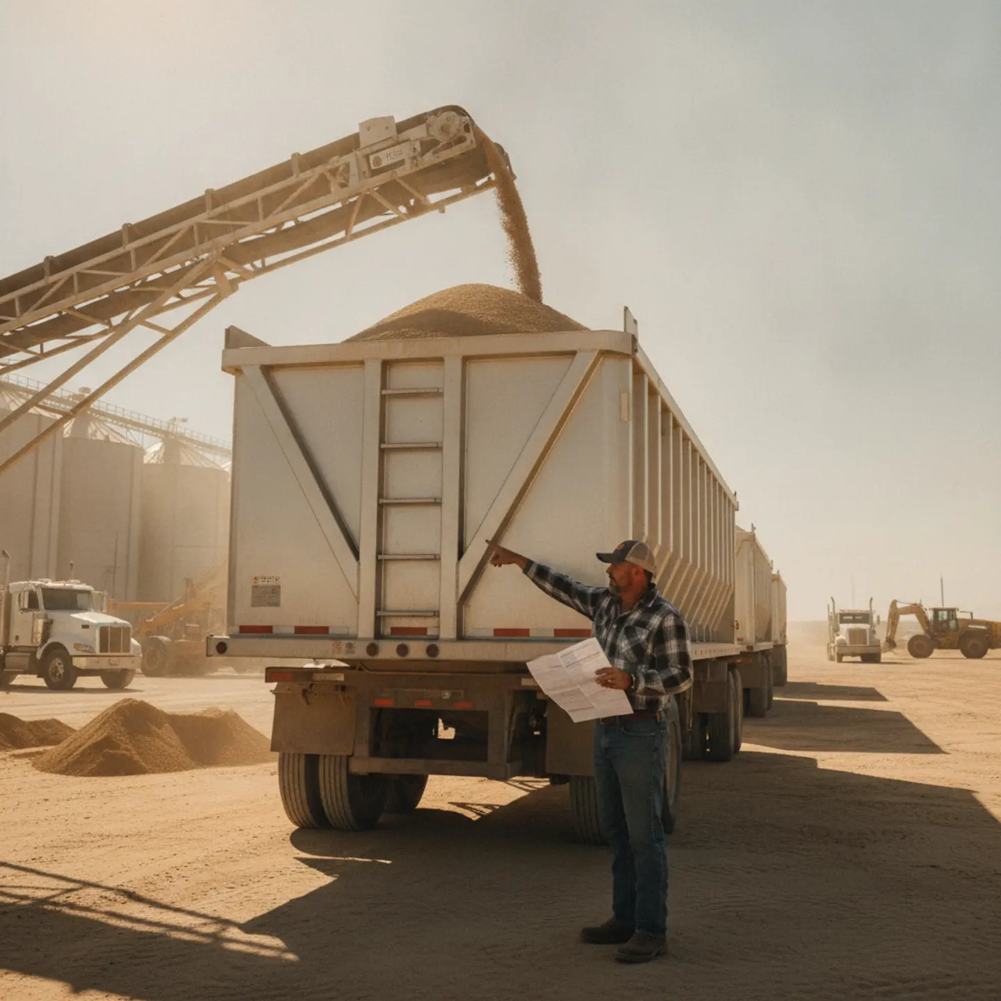 Owner-operator reviewing frac sand rate sheet next to loaded hopper bottom trailer