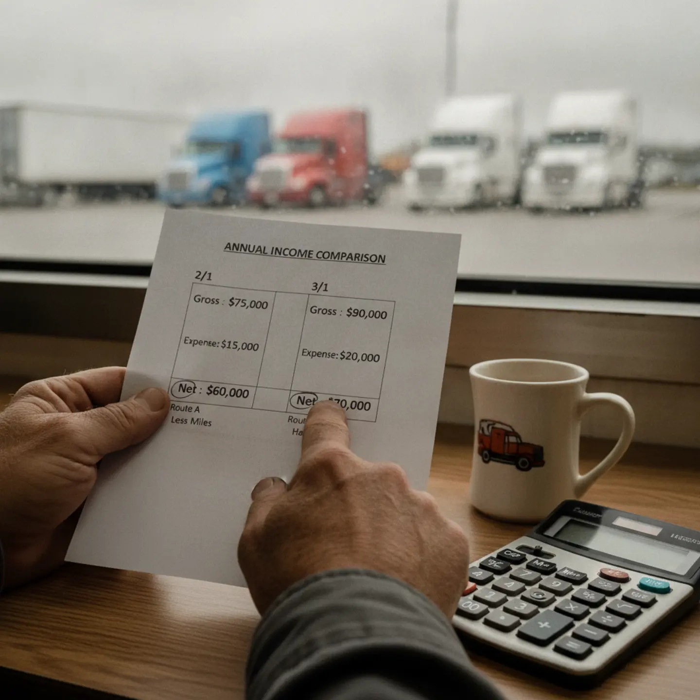 Driver comparing 2/1 and 3/1 shift financial models with calculator at truck stop