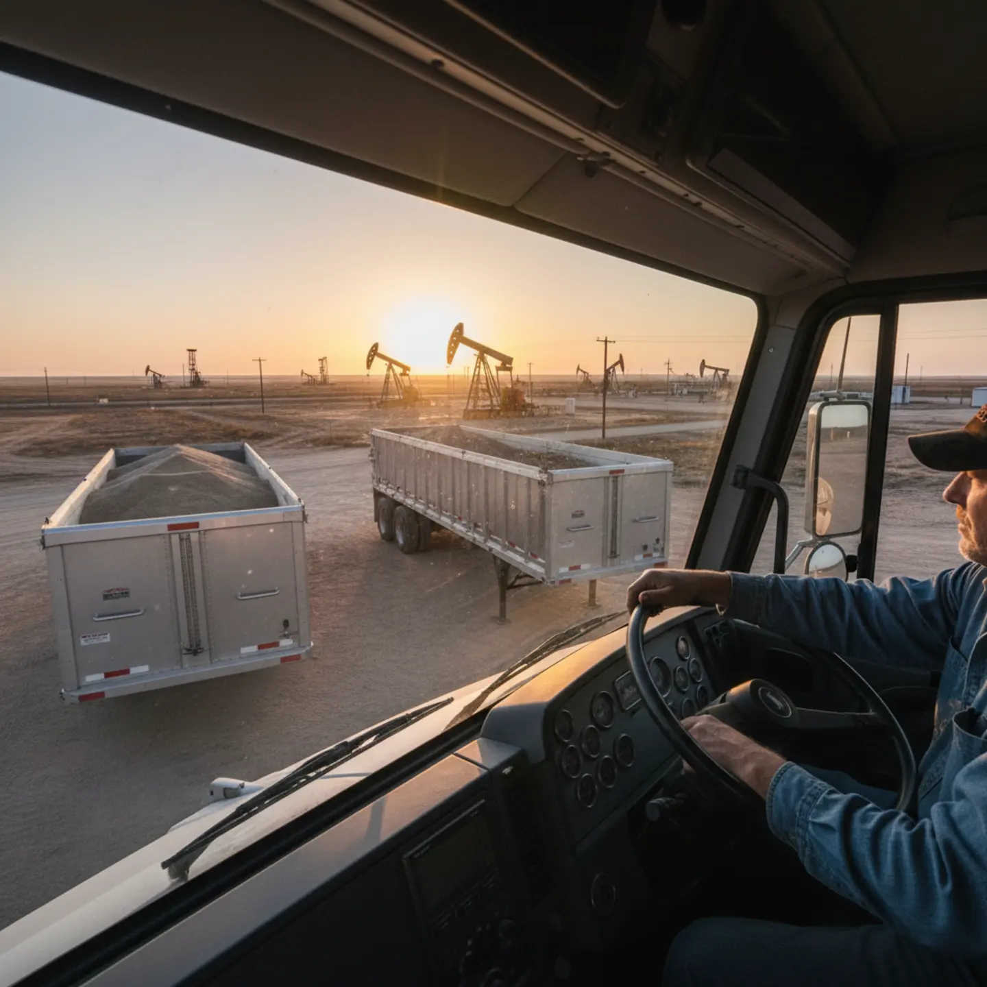 Owner-operator in cab of frac sand trailer at Permian Basin wellsite at dawn
