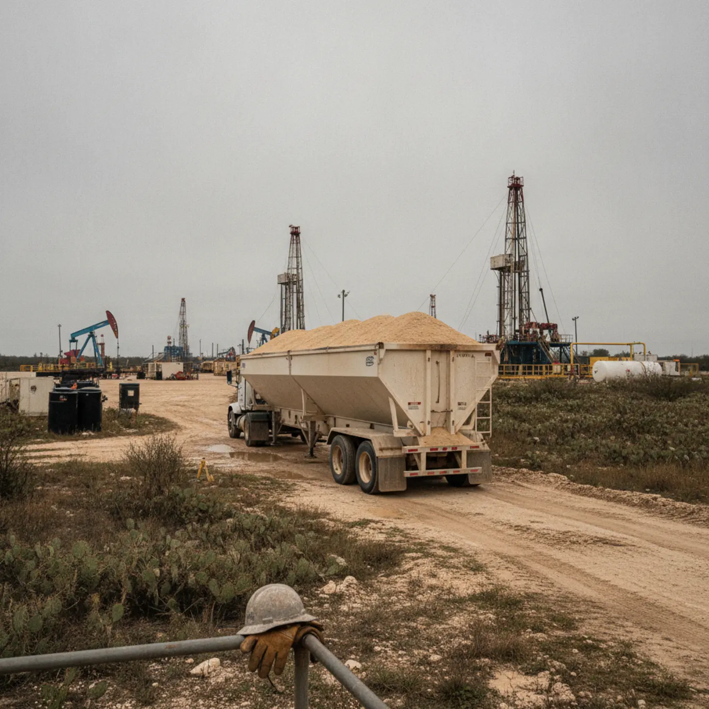 Hopper bottom frac sand trailer at Eagle Ford Shale wellsite with active drilling rigs