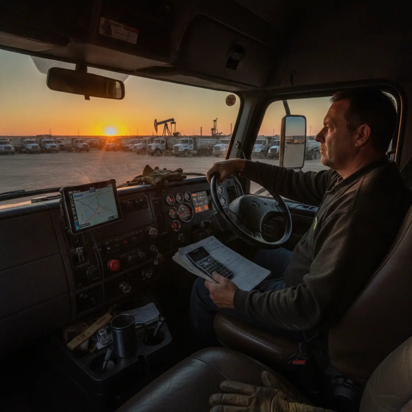 Frac sand hauler driver reviewing HOS logbook in truck cab at Permian Basin staging area