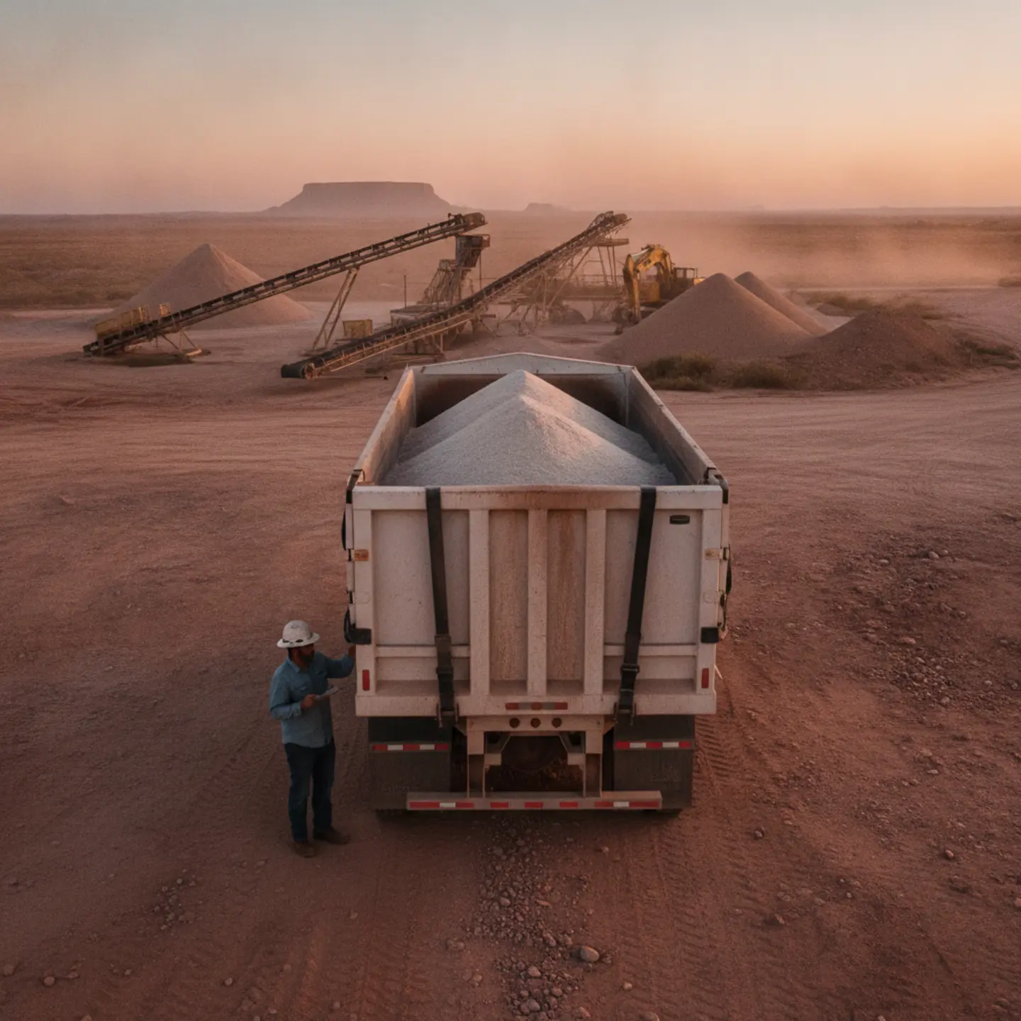 Frac sand hauler checking loaded truck at West Texas mine site at dawn