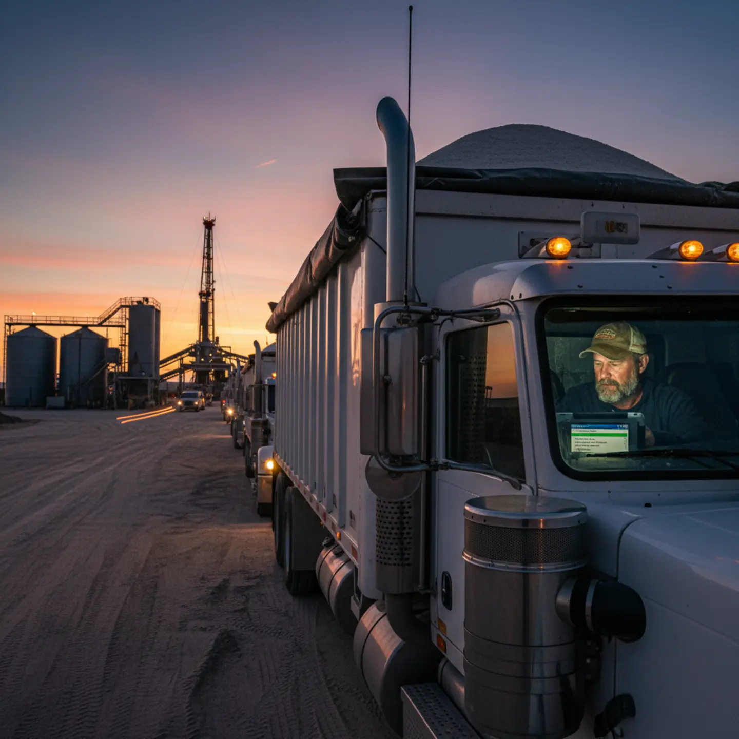 Owner-operator reviewing pay rates on tablet in frac sand truck cab at Permian Basin facility