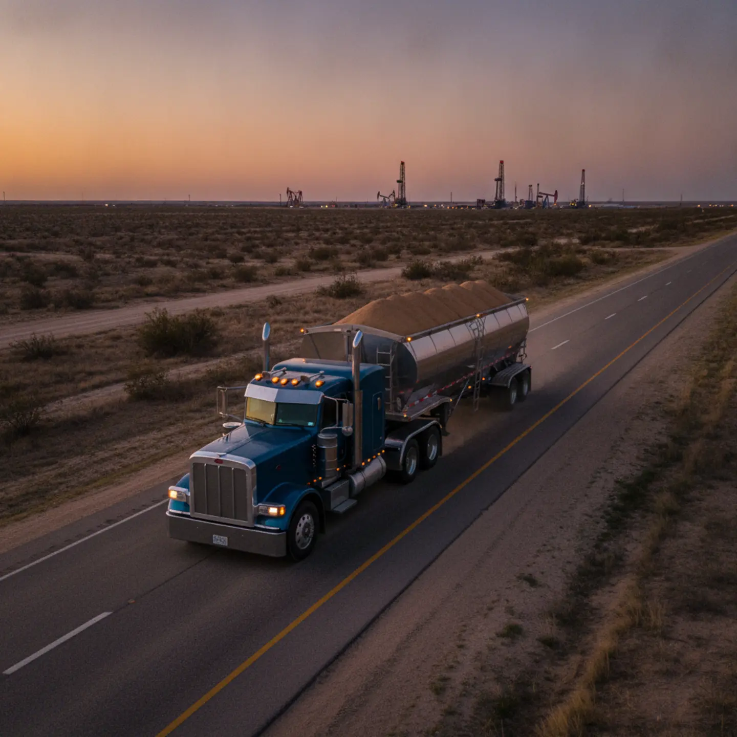 Loaded frac sand semi truck on Permian Basin highway with oil derricks visible in distance
