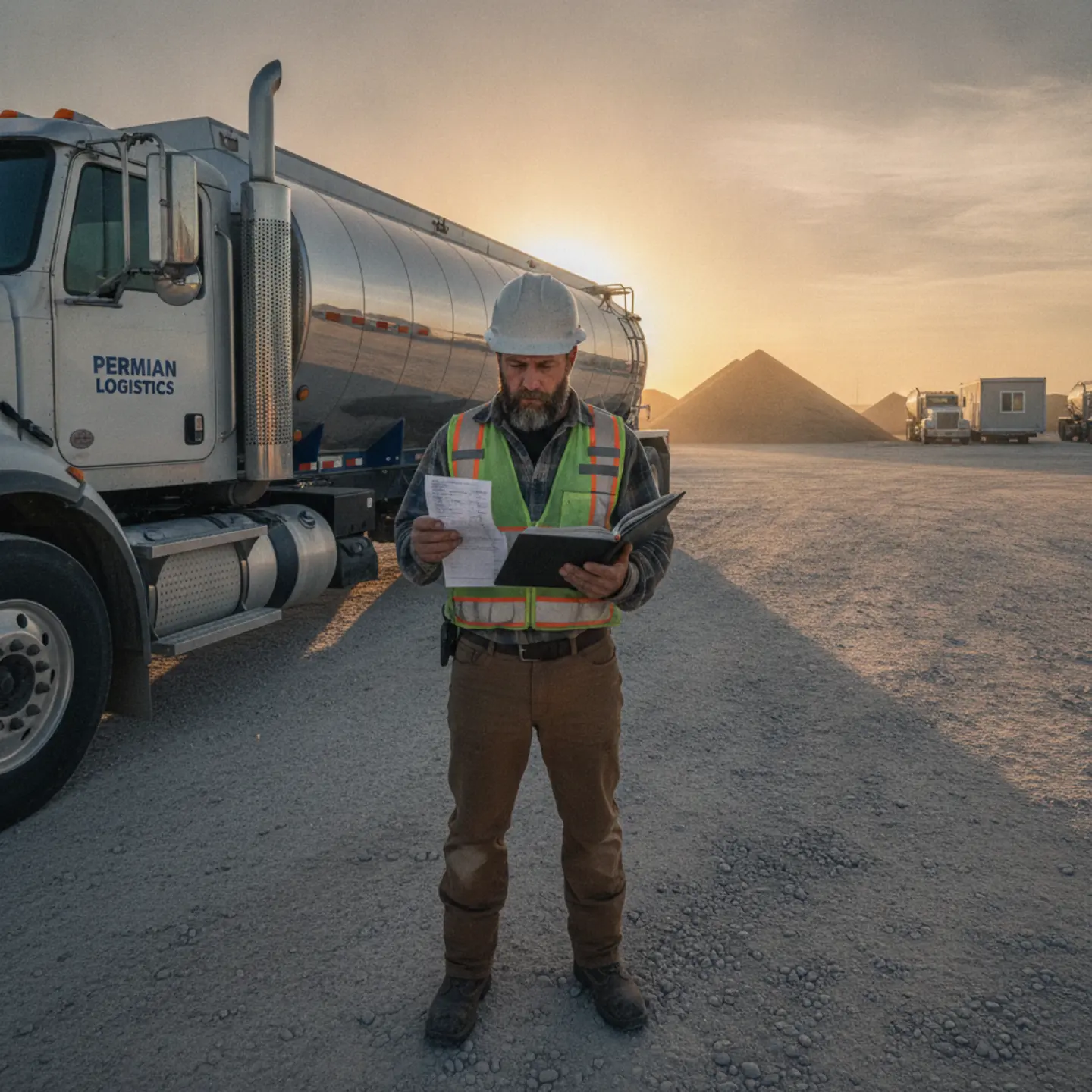 CDL driver comparing W2 pay stub and 1099 ledger beside loaded frac sand truck in Permian Basin yard