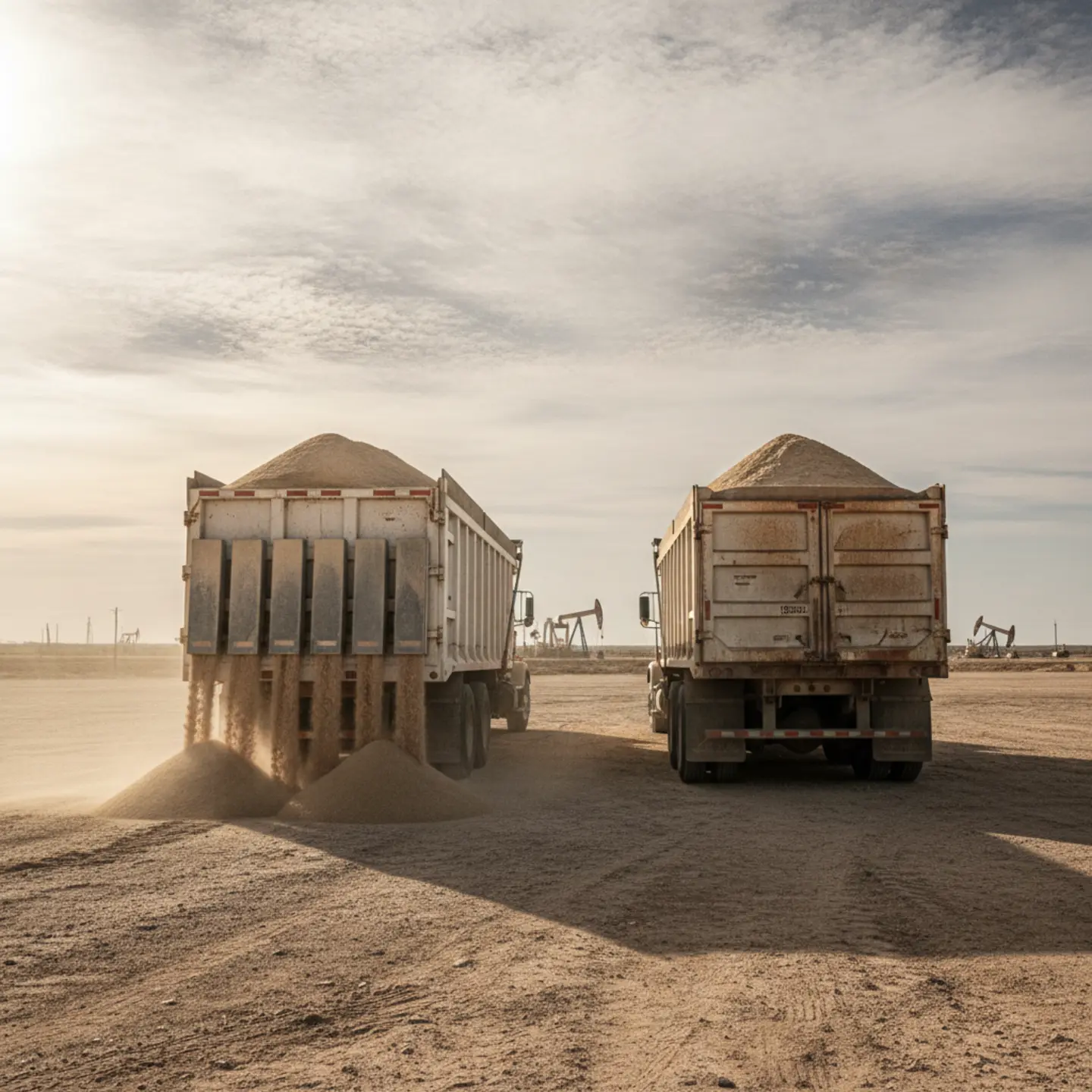 Bottom drop and end dump trailers loaded with frac sand on West Texas oil field site