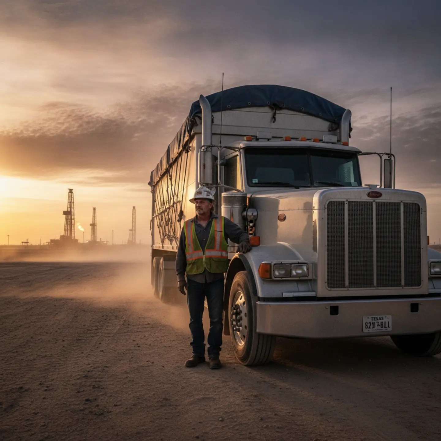 Owner-operator standing beside loaded frac sand hauling truck in Permian Basin oilfield