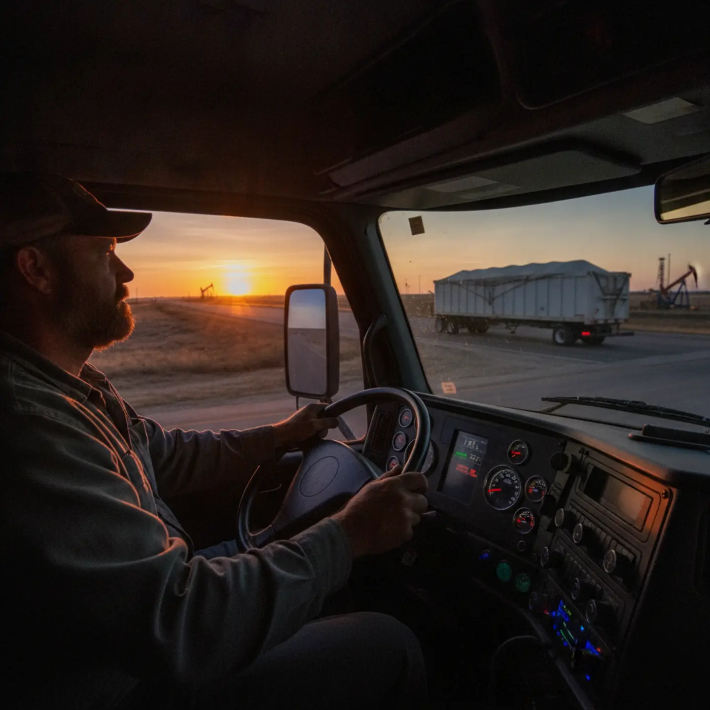 Owner-operator in frac sand hauler cab on Permian Basin highway at dawn