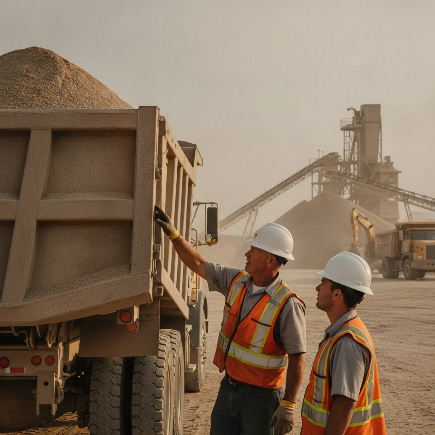Experienced driver training new frac sand hauler on truck inspection and load securing