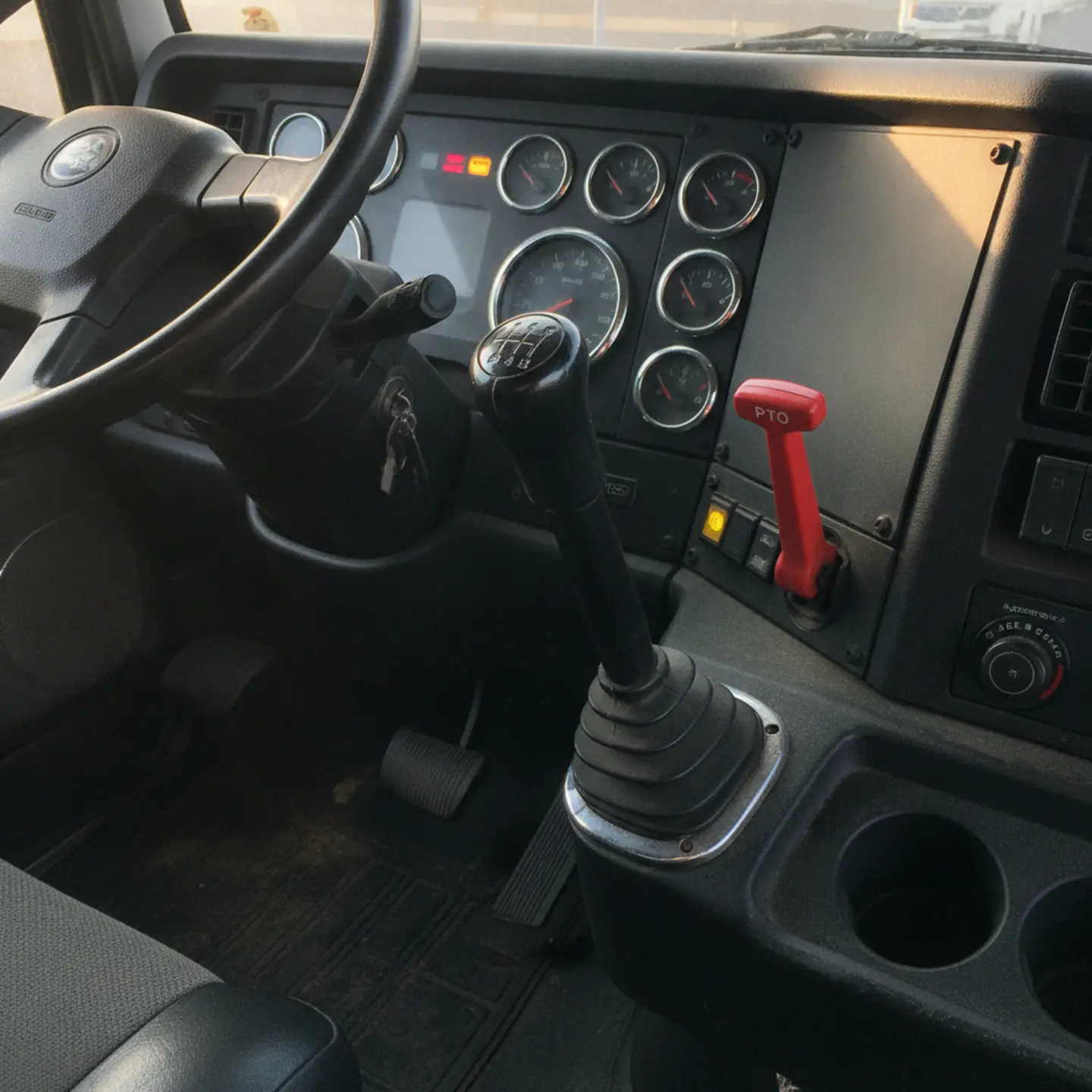 Manual transmission shifter and PTO engagement controls inside pneumatic sand hauler cab