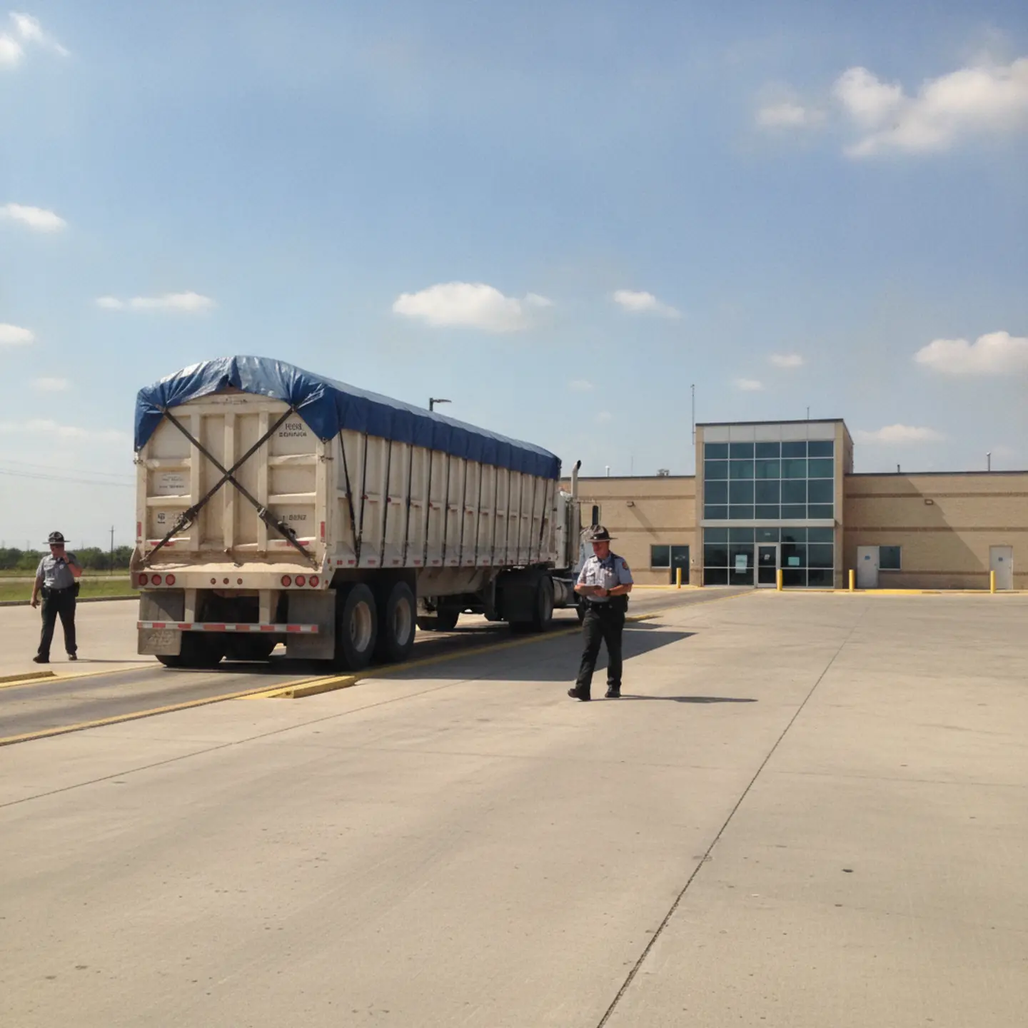 DOT officer inspecting frac sand truck at weigh station in Texas