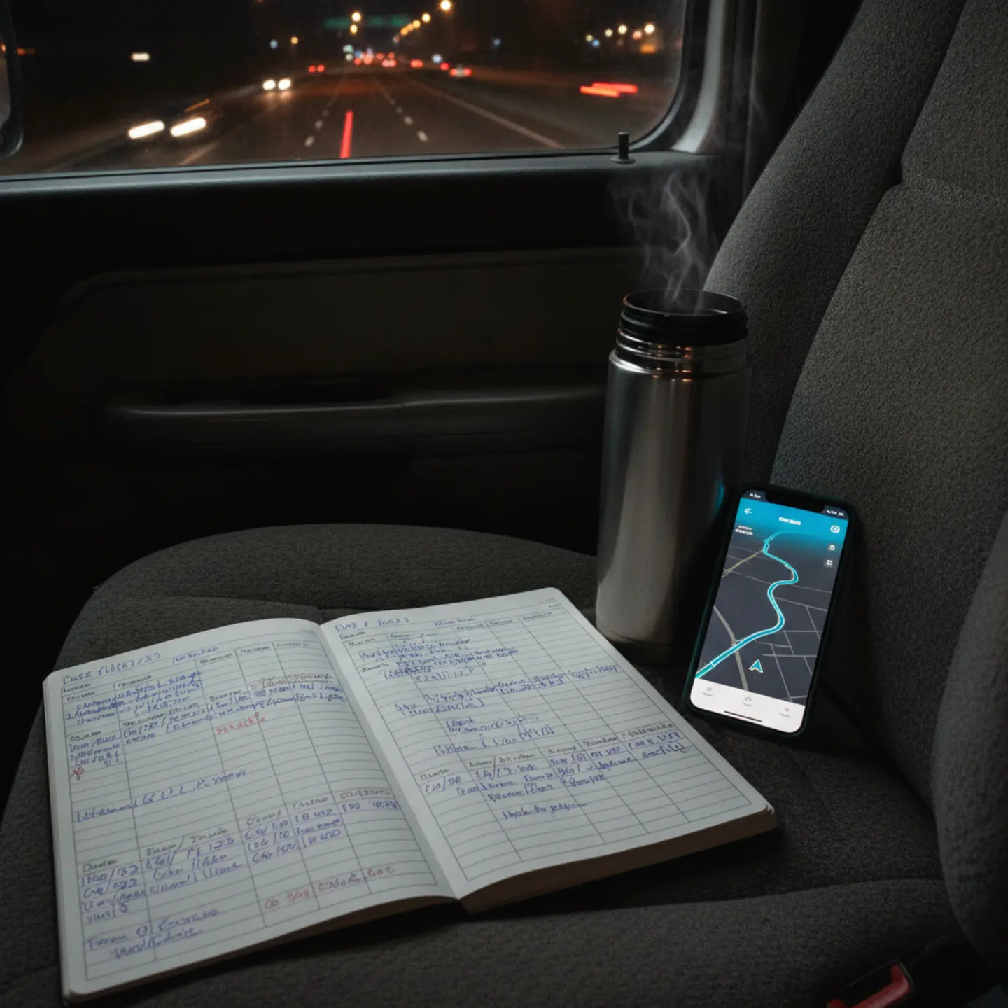 Frac sand driver's logbook with hours of service entries on truck seat