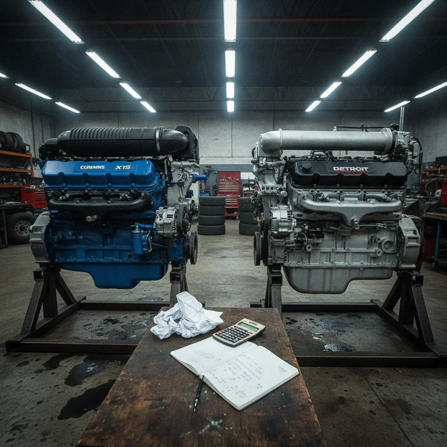 Cummins X15 and Detroit DD15 engines side-by-side on stands with fuel economy specs