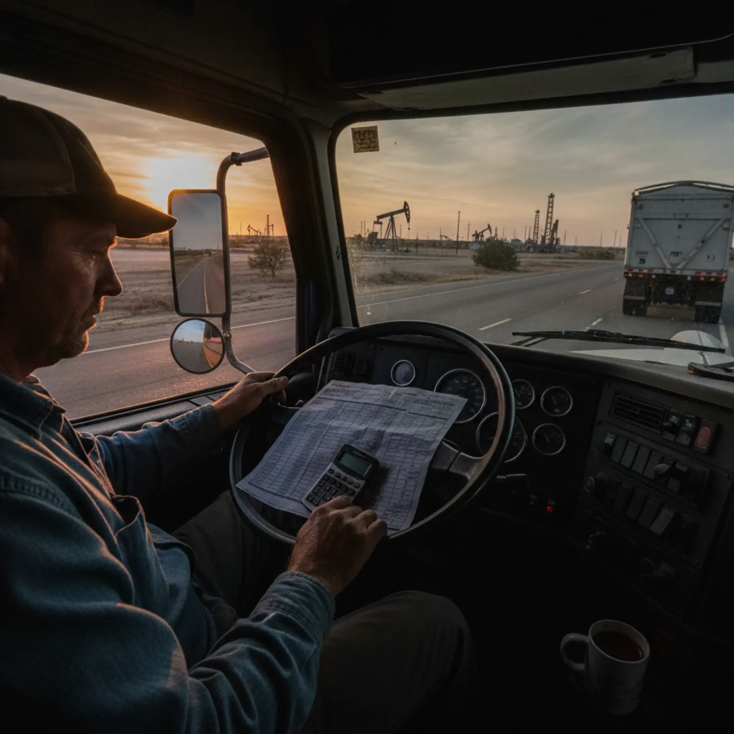 Owner operator reviewing frac sand hauling rates in truck cab at sunrise