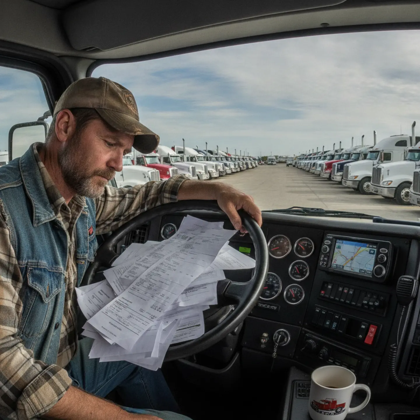 Owner-operator driver reviewing fuel and maintenance receipts in truck cab at rest stop