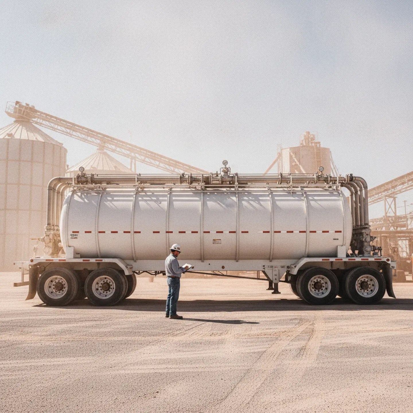 Pneumatic frac sand hauler with blower system at loading facility in West Texas oilfield