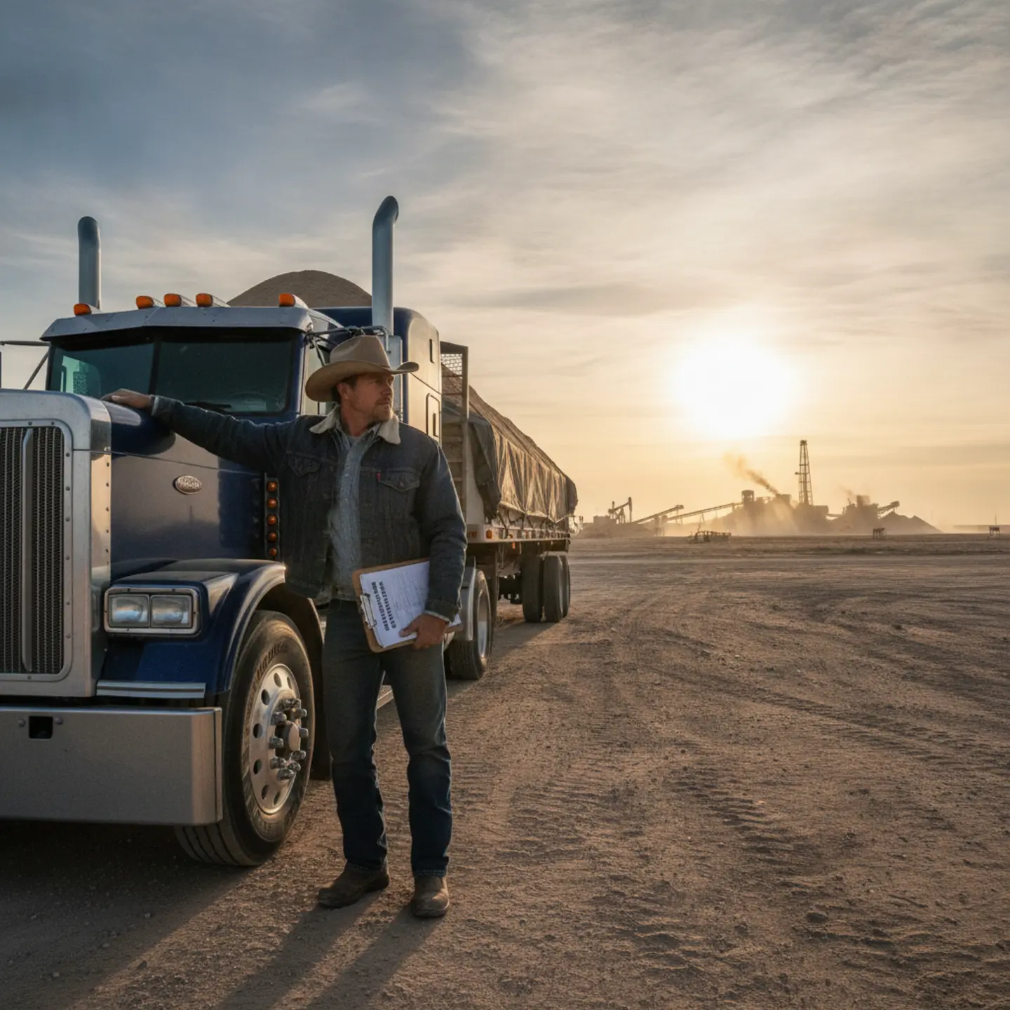 Owner-operator beside loaded semi truck in Permian Basin oilfield, holding financing documents