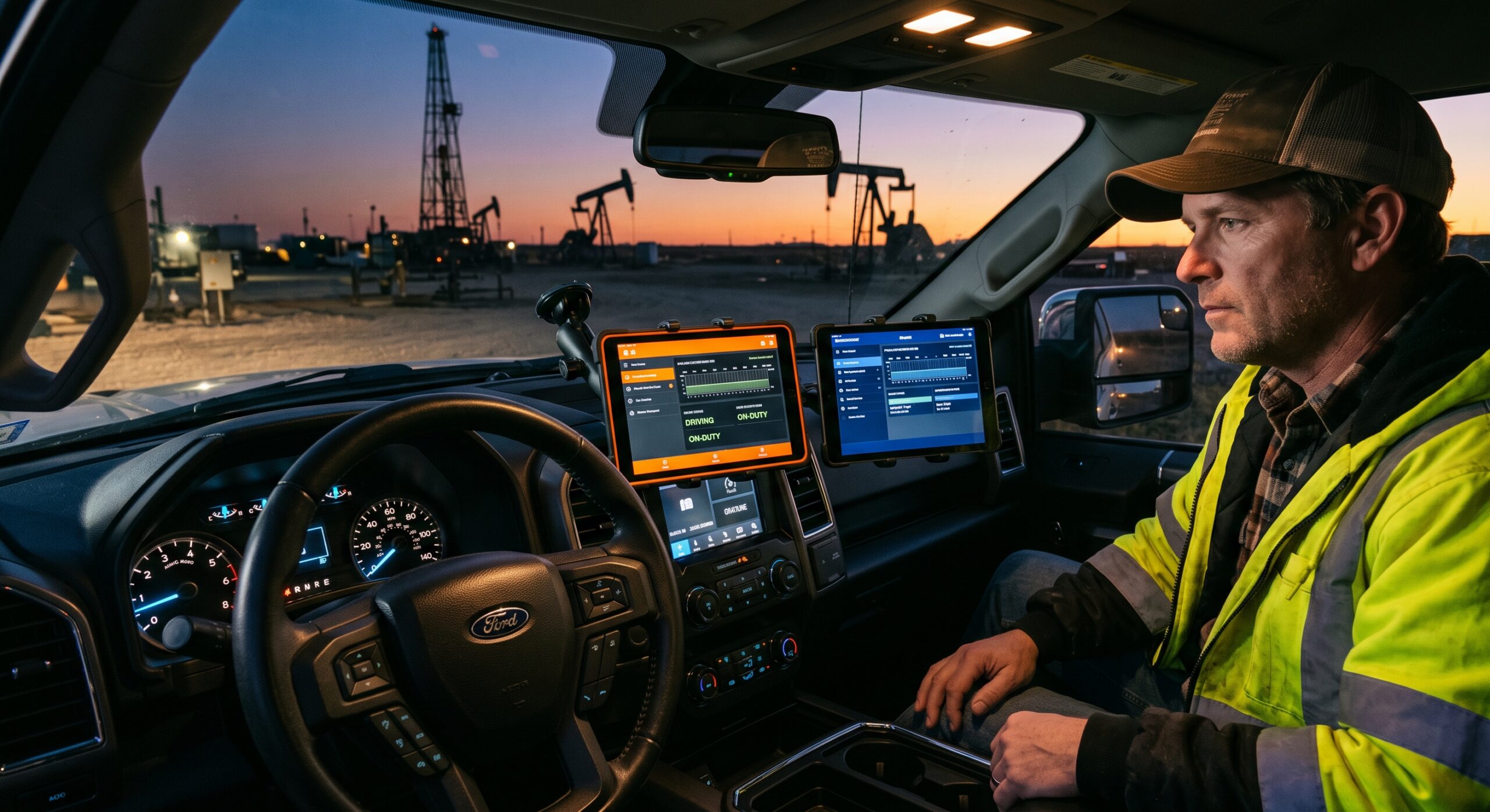 Oilfield truck driver comparing two ELD systems on dashboard tablets
