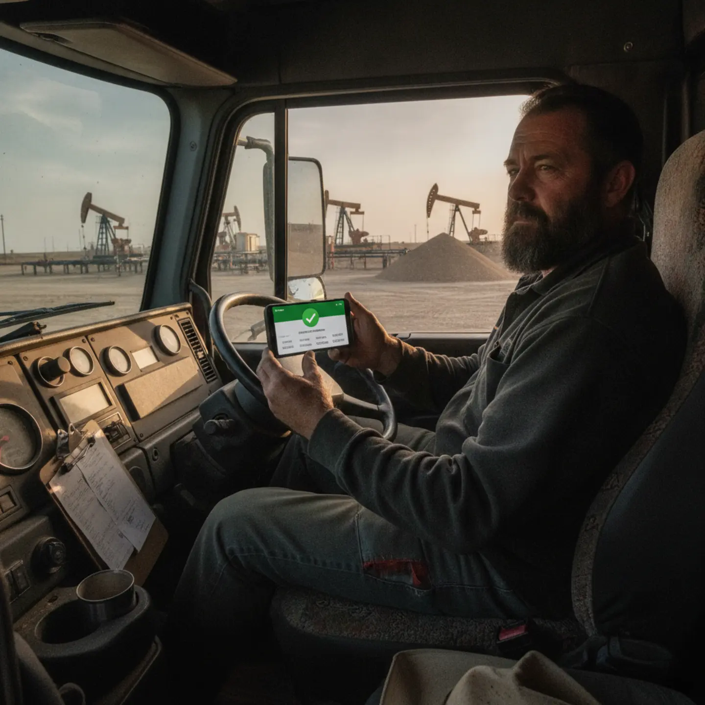 Owner-operator reviewing relay payments app on smartphone in frac sand hauler cab