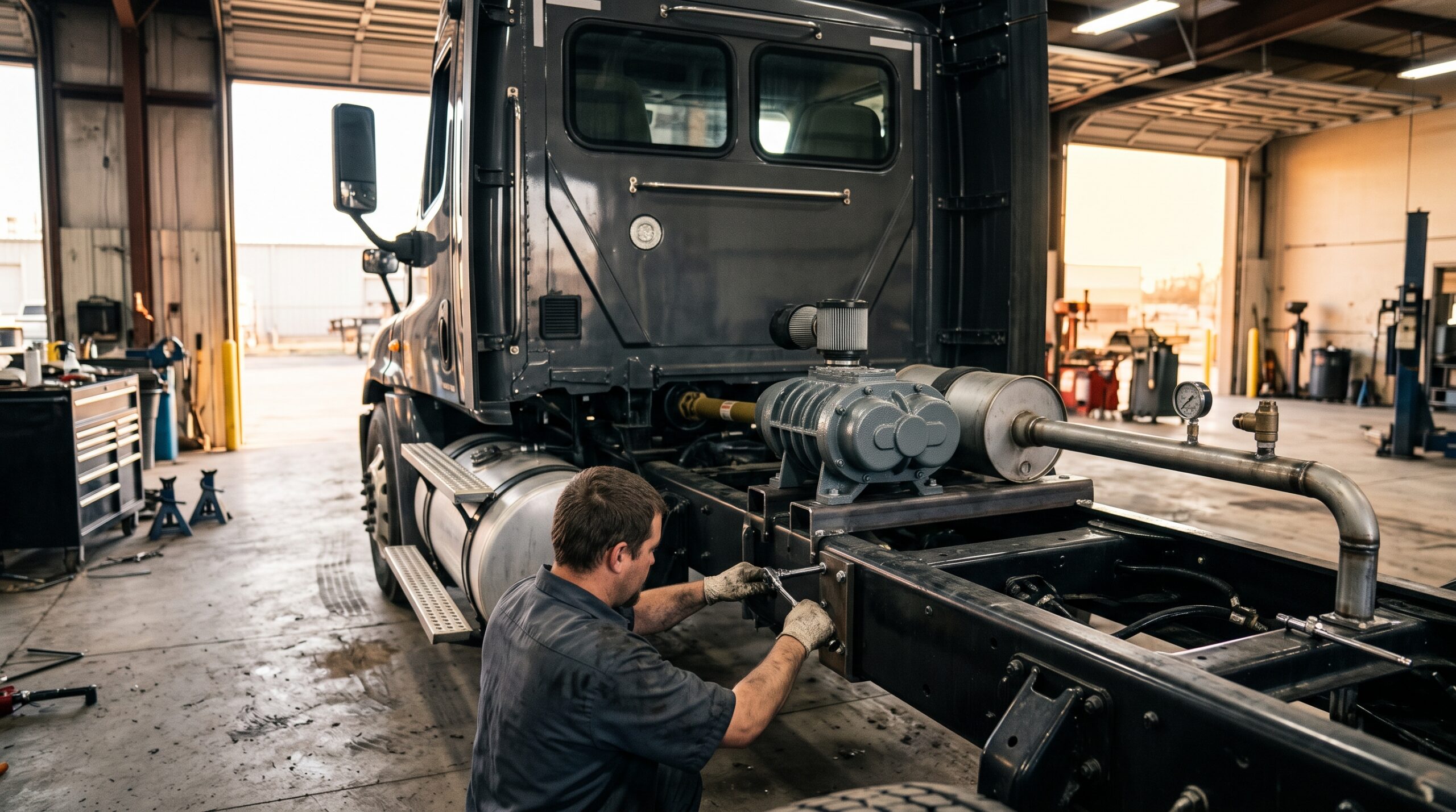 Mechanic installing a pneumatic dry bulk blower on the frame of a semi truck behind the cab