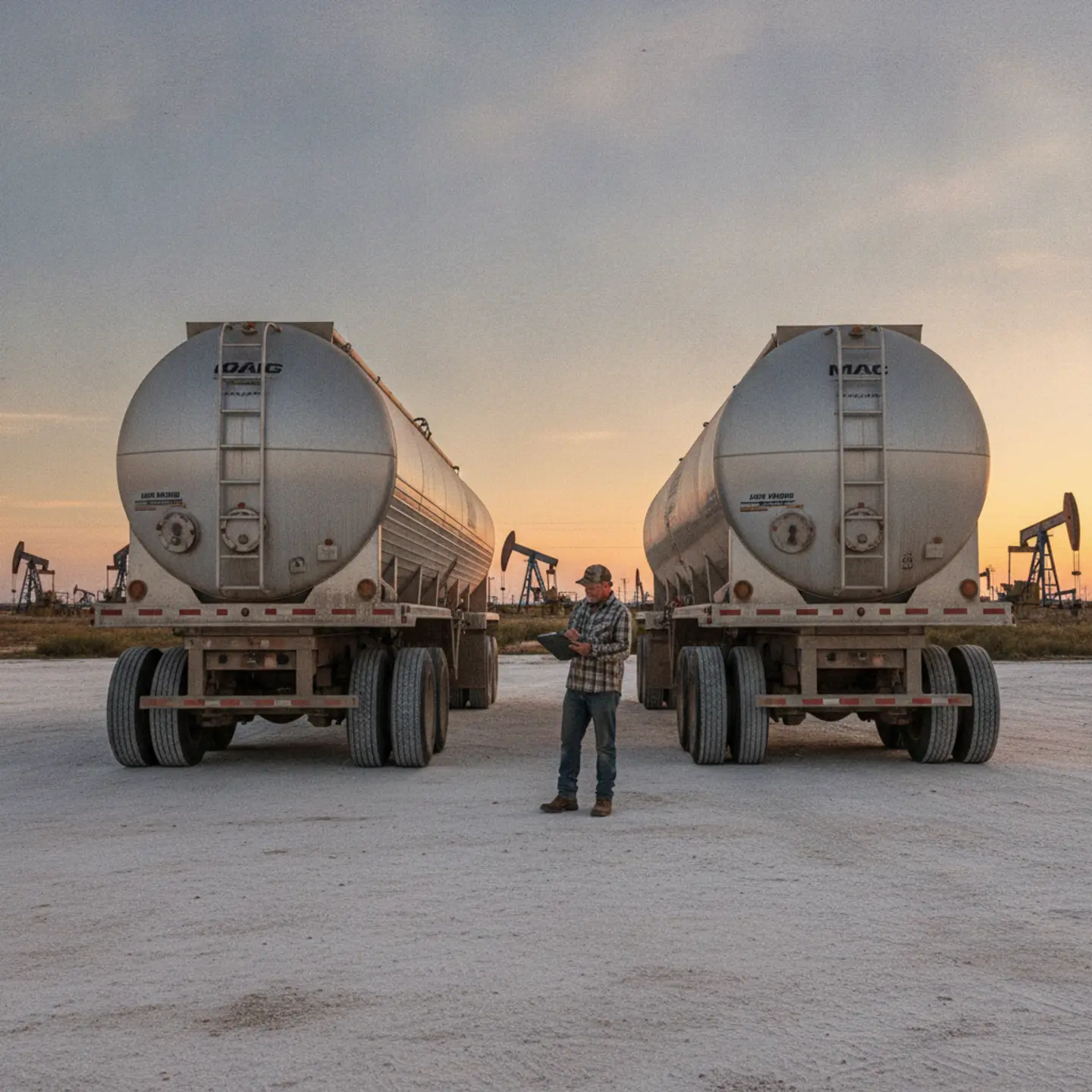 Load King and Mac pneumatic bulk trailers side by side on a West Texas caliche lot with owner-operator comparing both rigs
